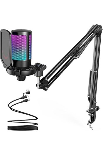 Generic Gaming PC USB Microphone, Podcast Condenser Mic with Boom Arm, Pop Filter, Mute Button for Streaming