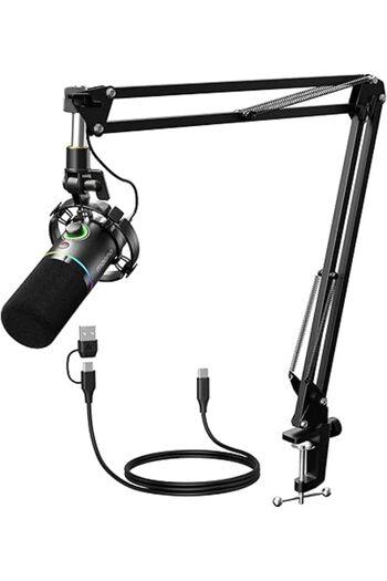 Generic XLR/USB Dynamic Microphone Kit, RGB Podcast Mic with Software, Mute, Gain Knob, Volume Control, Boom