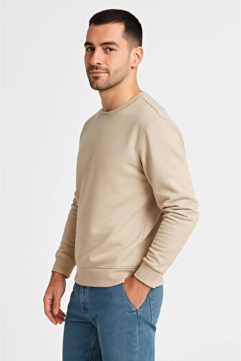 Wear Up Men's Three Thread Plain Crew Neck Sweatshirt - Beige