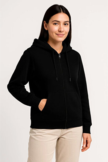 Wear Up Three Thread Hooded Full Zipper Kangaroo Pocket Sweatshirt Hoodie - Black