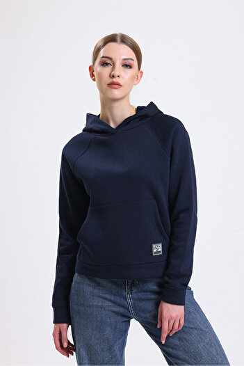 Look Forward Women's Navy Blue Hooded Pocketed 3 Thread Sweatshirt
