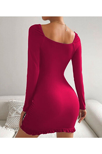 buğrahayalin Women's Long Sleeve Deep V Neck Underbust Low-Cut Detail Skirt Tip Ruffled Sandy Mini Length
