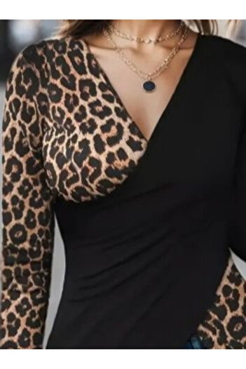 Wear Up    Women's Long Sleeve Double Breasted Collar Leopard Pattern Detailed Viscose Blouse