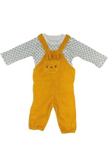 Dumledo Teddy Bear Printed White Bodysuit & Corduroy Velvet Salopet 2-Piece Baby Bodysuit & Salopet Set