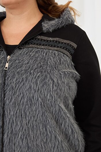 Imagine Giyim Women's Cashmere Garnished Stone Embellished Fur Plus Size Cardigan