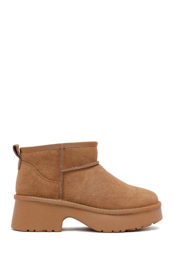 Derimod Women's Tan Thick Soled Fur Suede Leather Teddy Boots 25Wfd478510