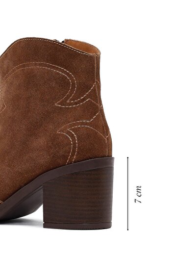 Derimod Women's Tan Thick Heeled Suede Leather Cowboy Boots 25Afd221210