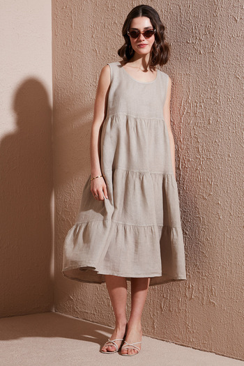 Via Dante Regular Fit Crew Neck Flared Midi Linen Dress Dress 7202687