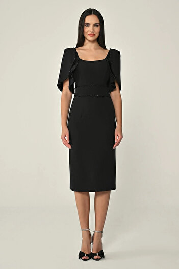 ALFABETA Women's Regular Fit Waist Belted Sleeves Molded Detail Midi Black Evening Dress & Graduation Dress Ab6897-S