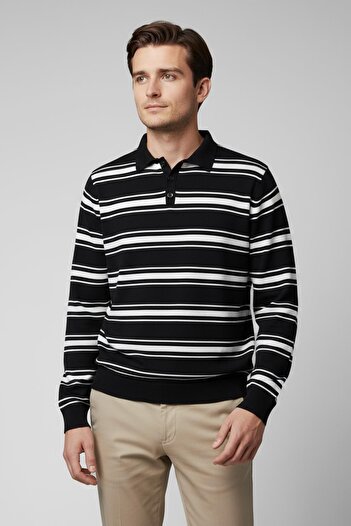 CHUBA Men's Polo Neck Buttoned Striped Knitwear Sweater Black-White 26W2015