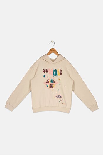 Sinsay Kids Girl Hooded Graphic Sweatshirt, Beige Combo