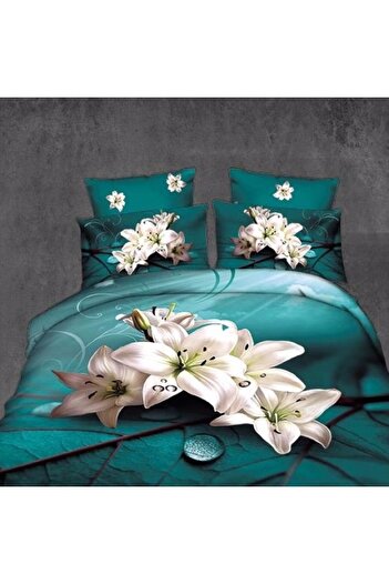 OEMN Double Bed Linen Set, 6 Pieces, 3D Print, Green, Lilies
