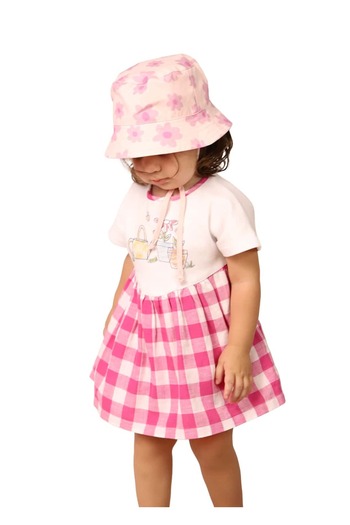 Ozmoz By Mukadder Özden White Summer Baby Girl Dress with Short Sleeves and Pink Plaid Skirt