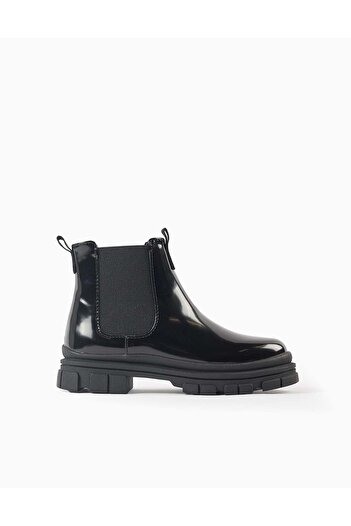 Ziddy Patent Boots with Elastic Panels for Girls, Black
