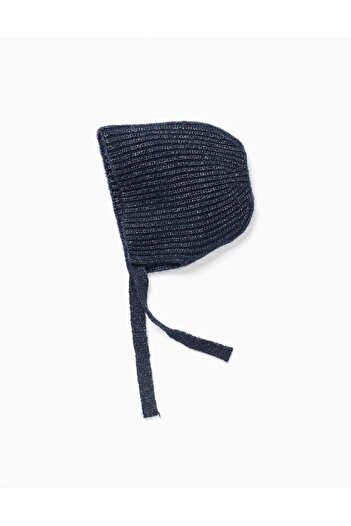 Ziddy Ribbed knit beanie with side straps for newborn girls, dark blue