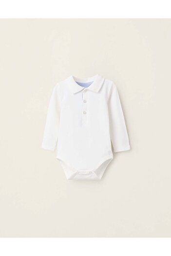Ziddy Long Sleeve Polo-Bodysuit for Newborn Boys, White