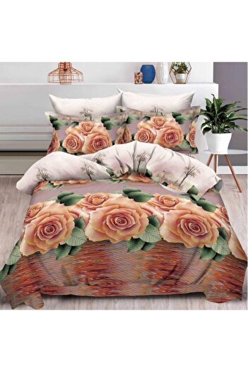 OEMN Double Bed Linen, 6 Pieces, 3D Print Multiplicated, Brown, Roses
