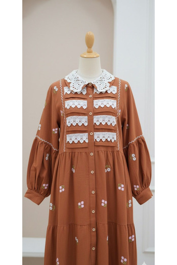 LAYARA COUTURE LINEN MODEST WEAR FULL DRESS,PLEATED,EMBROIDED,WITH LACE DETAILS