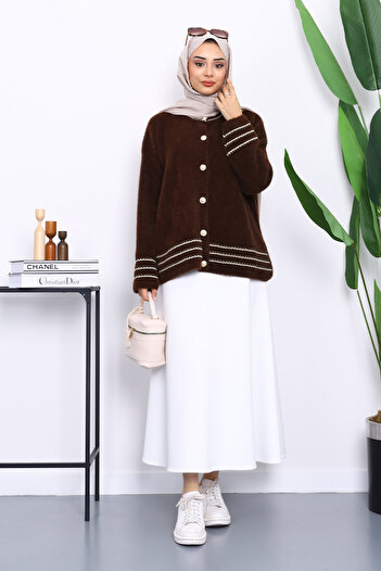 İmajButik Brown Angora Soft Knit Cardigan with Piping Detail