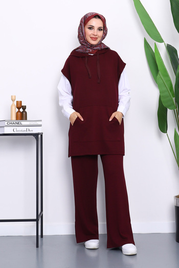 İmajButik Burgundy Hooded Sweater with Pants Modal Set