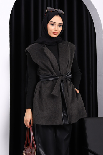 İmajButik Anthracite Belted Double Pocket Cashmere Vest