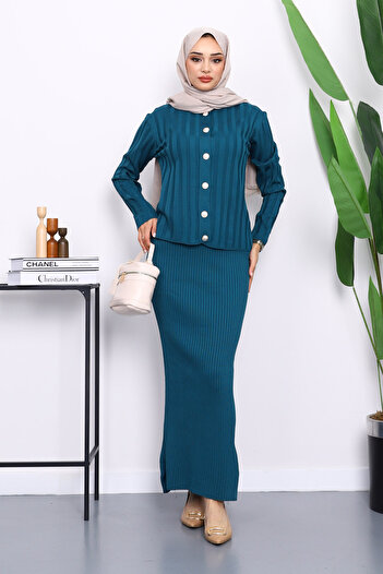 İmajButik Petrol Blue Crop Cardigan Knitwear Dress Two-Piece Combination