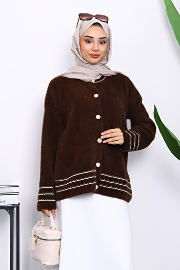 İmajButik Brown Angora Soft Knit Cardigan with Piping Detail