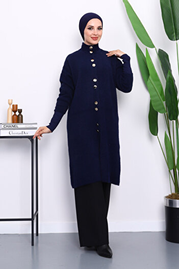 İmajButik Navy Blue Buttoned Angora Soft Knit Cardigan