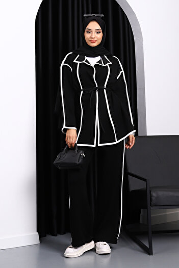 İmajButik Black Piping Modal Jacket and Pants Set