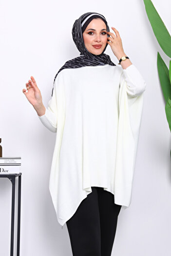 İmajButik Ecru Batwing Sleeve Poncho Knitwear Tunic