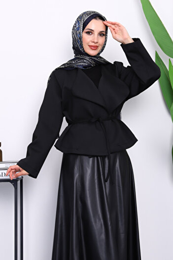 İmajButik Black Shawl Collar Scuba Puff Short Jacket