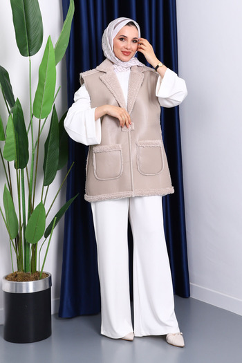 İmajButik Dark Beige Pocketed Fur Leather Vest