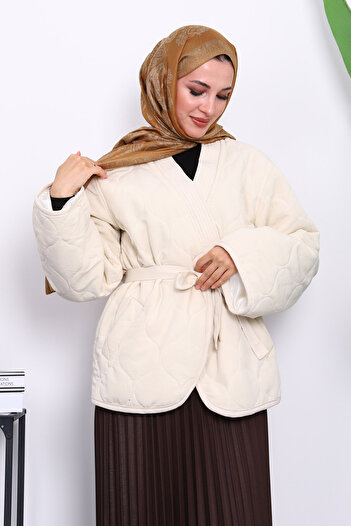 İmajButik Cream Quilted Belted Lined Jacket