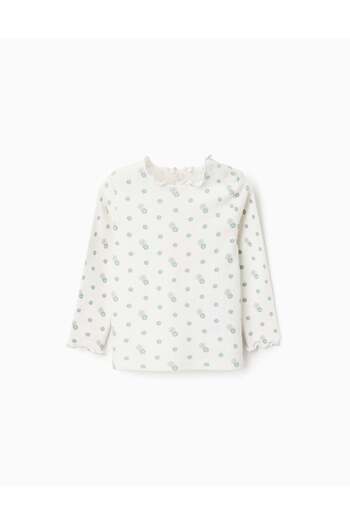 Ziddy Long Sleeve Ribbed T-shirt with Floral Motif for Baby Girls, White