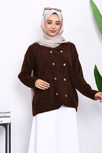 İmajButik Brown Heart Button Detailed Angora Soft Knitwear Cardigan