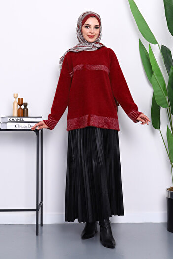 İmajButik Burgundy Crew Neck Striped Angora Soft Knit Sweater