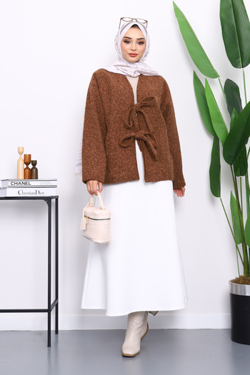 İmajButik Brown Felt Kimono Jacket with Tie Front
