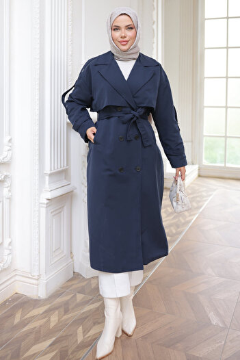 İmajButik Navy Blue Double-Breasted Collar Waist Belted Trench Coat