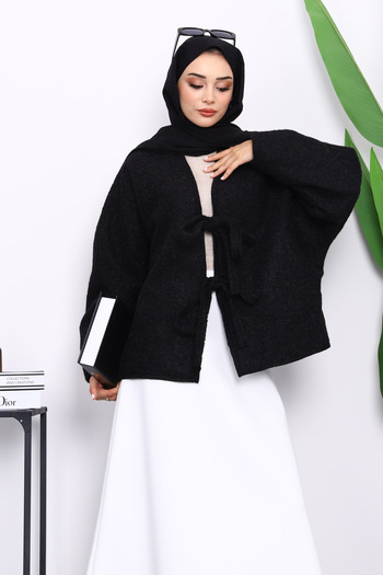 İmajButik Black Felt Kimono Jacket with Tie Front
