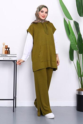İmajButik Oil Green Hooded Sweater with Pants Modal Set
