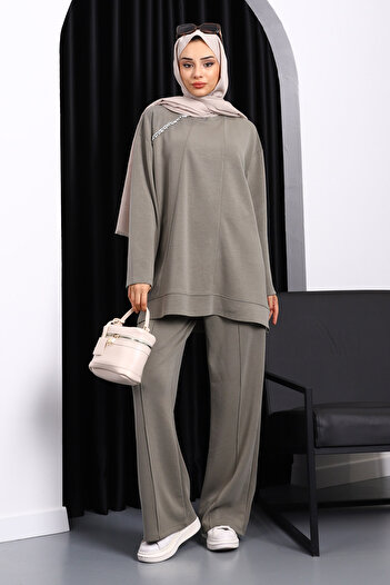 İmajButik Khaki Stone Detailed Tunic Modal Suit with Trousers