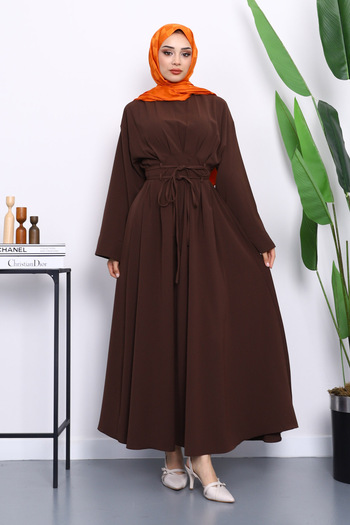 İmajButik Brown Pleated Dress with Tie at the Waist