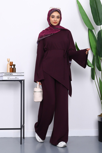 İmajButik Plum Asymmetrical Cut Tunic Trouser Set
