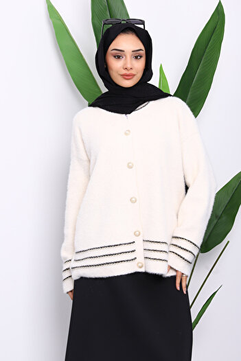 İmajButik Angora Soft Knit Cardigan with Cream Piping Detail