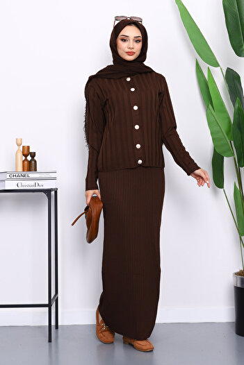 İmajButik Brown Crop Cardigan Knitwear Dress Double Combination