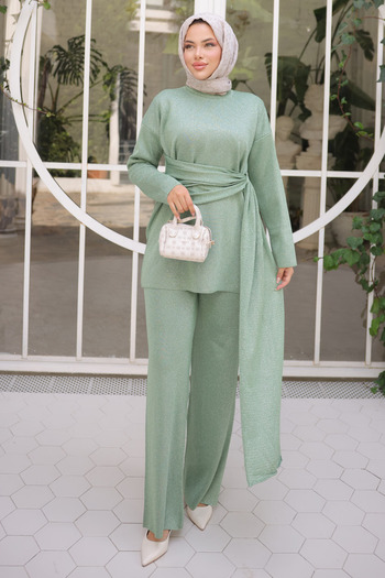 İmajButik Green Crew Neck Glitter Trouser Suit