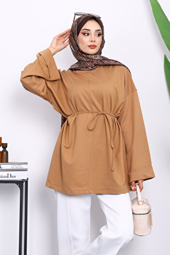 İmajButik Biscuit-Colored Tunic with Slits on the Sides and a Drawstring Waist.