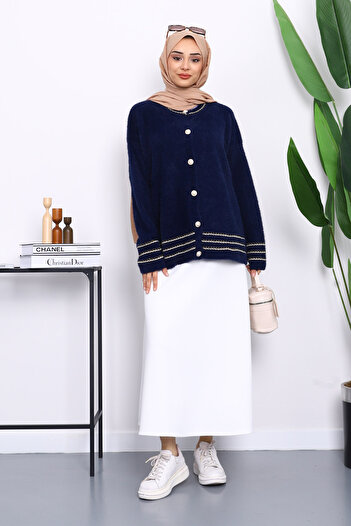 İmajButik Navy Blue Angora Soft Knit Cardigan with Piping Detail