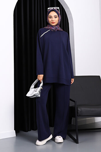 İmajButik Navy Blue Stone Detailed Tunic Modal Suit with Trousers