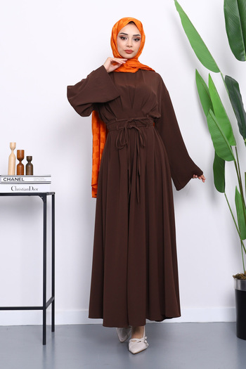 İmajButik Brown Pleated Dress with Tie at the Waist